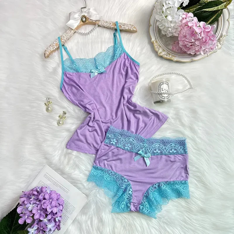 Lace Trimmed Bow Pajama Set