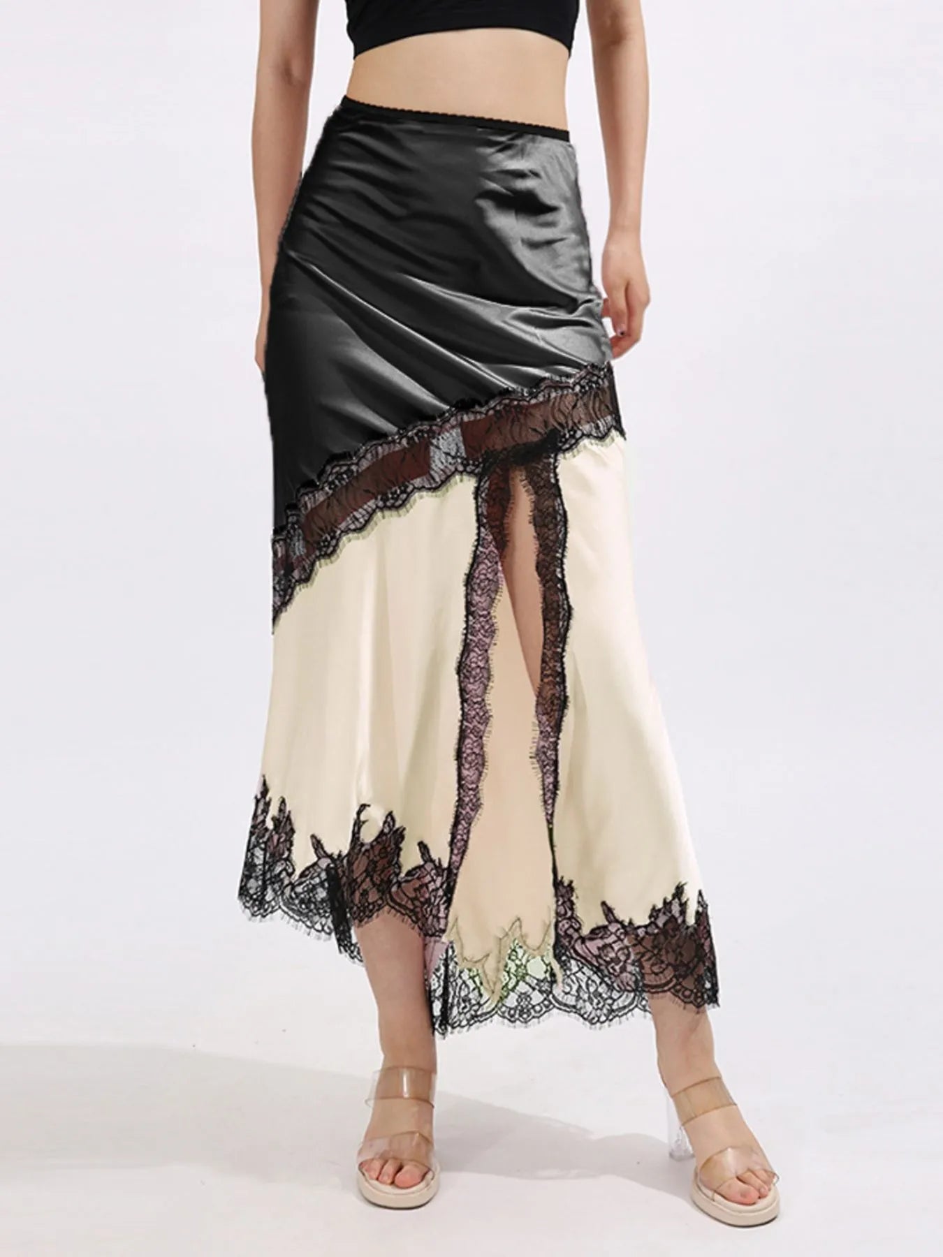 Lace Trim Asymmetrical Midi Skirt See size chart under “more details”