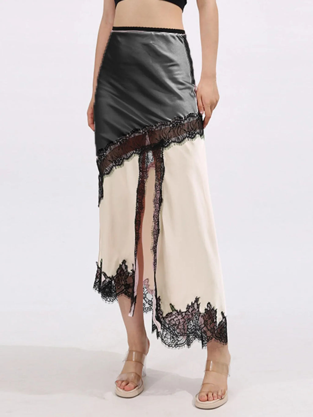 Lace Trim Asymmetrical Midi Skirt See size chart under “more details”