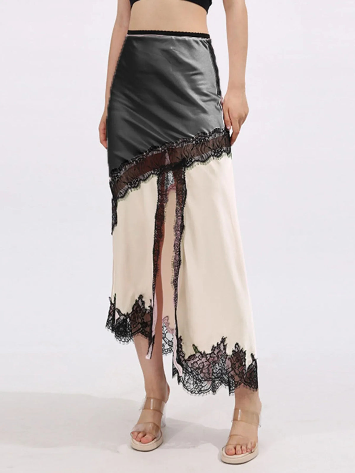 Lace Trim Asymmetrical Midi Skirt See size chart under “more details”