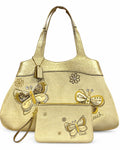 Coach Butterfly Appliqué Straw Tote Shoulder Bag and Wristlet Gold & Cream