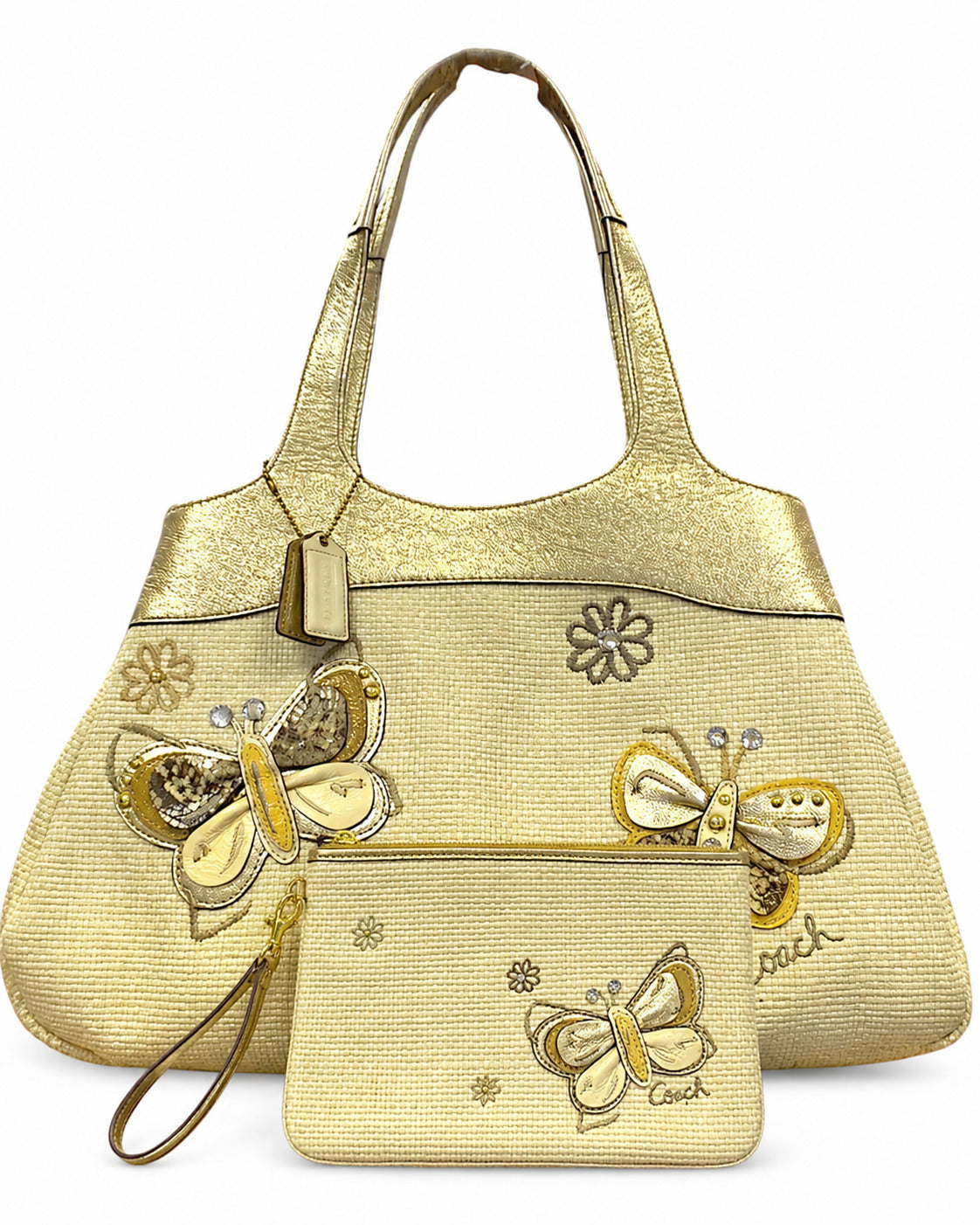Coach Butterfly Appliqué Straw Tote Shoulder Bag and Wristlet Gold & Cream