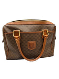 Celine Vintage Macadam Brown Monogram Canvas Leather Trim Zip Satchel Boston Bag