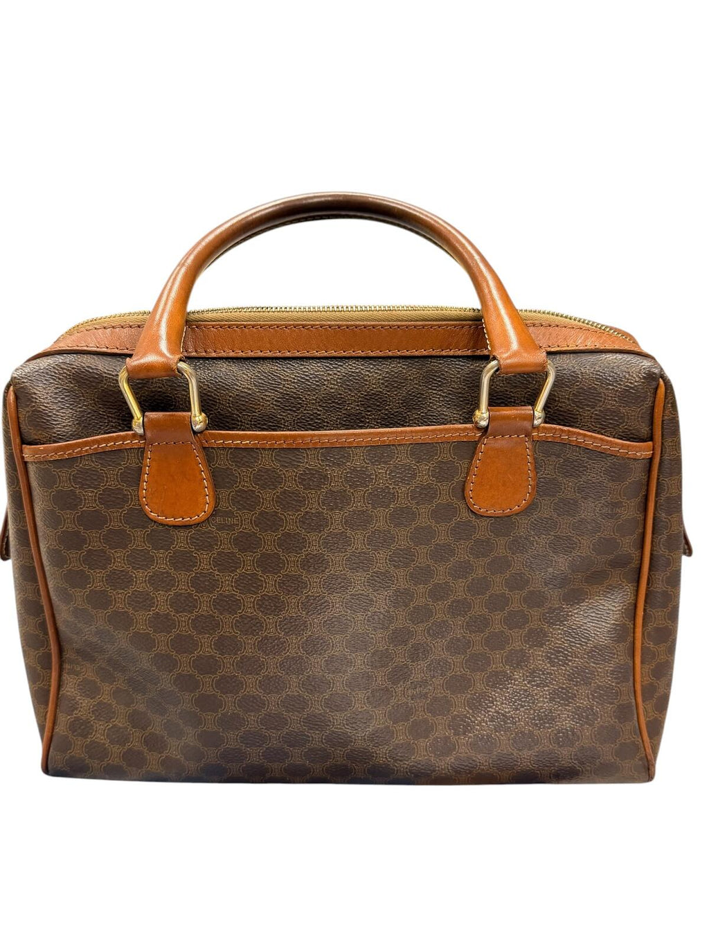 Celine Vintage Macadam Brown Monogram Canvas Leather Trim Zip Satchel Boston Bag