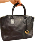 Michael Kors Black Pebbled Leather Zip Top Tote Satchel with MK Charm