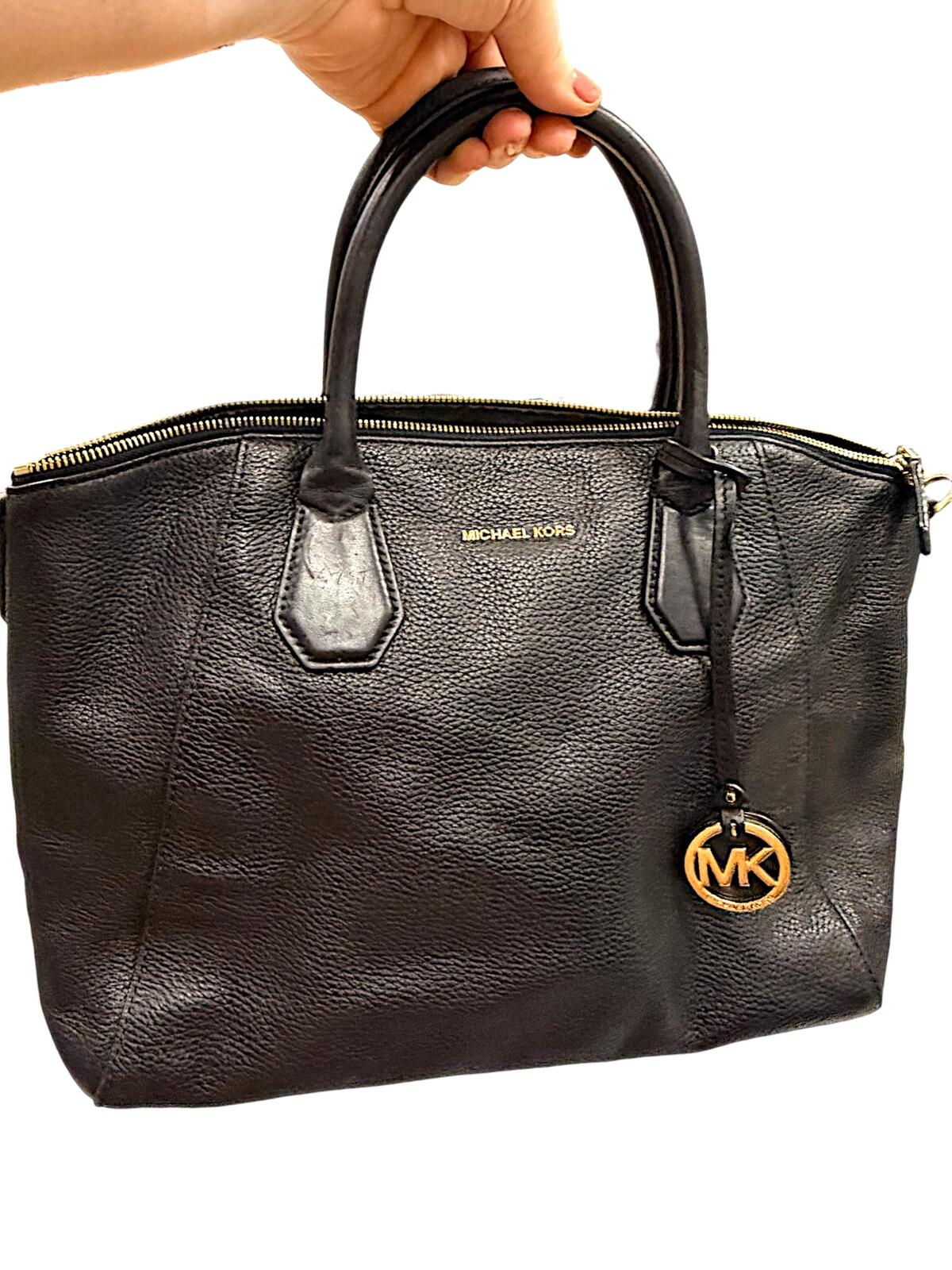 Michael Kors Black Pebbled Leather Zip Top Tote Satchel with MK Charm
