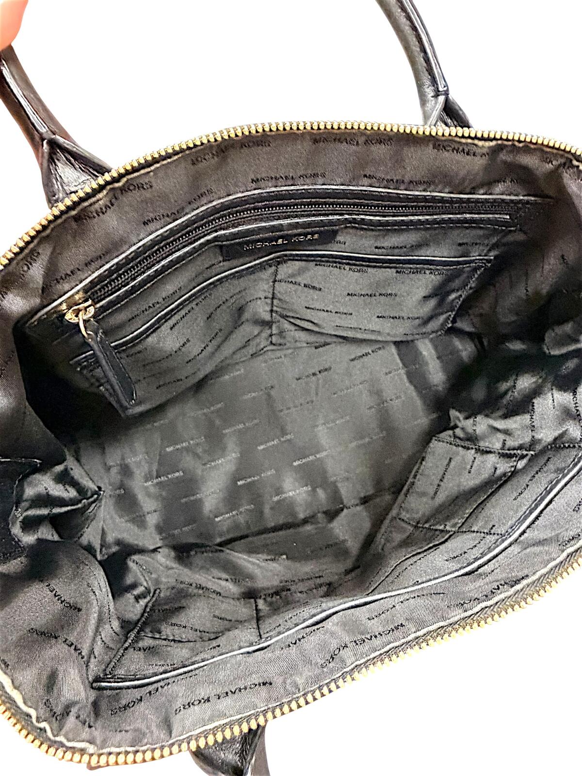 Michael Kors Black Pebbled Leather Zip Top Tote Satchel with MK Charm