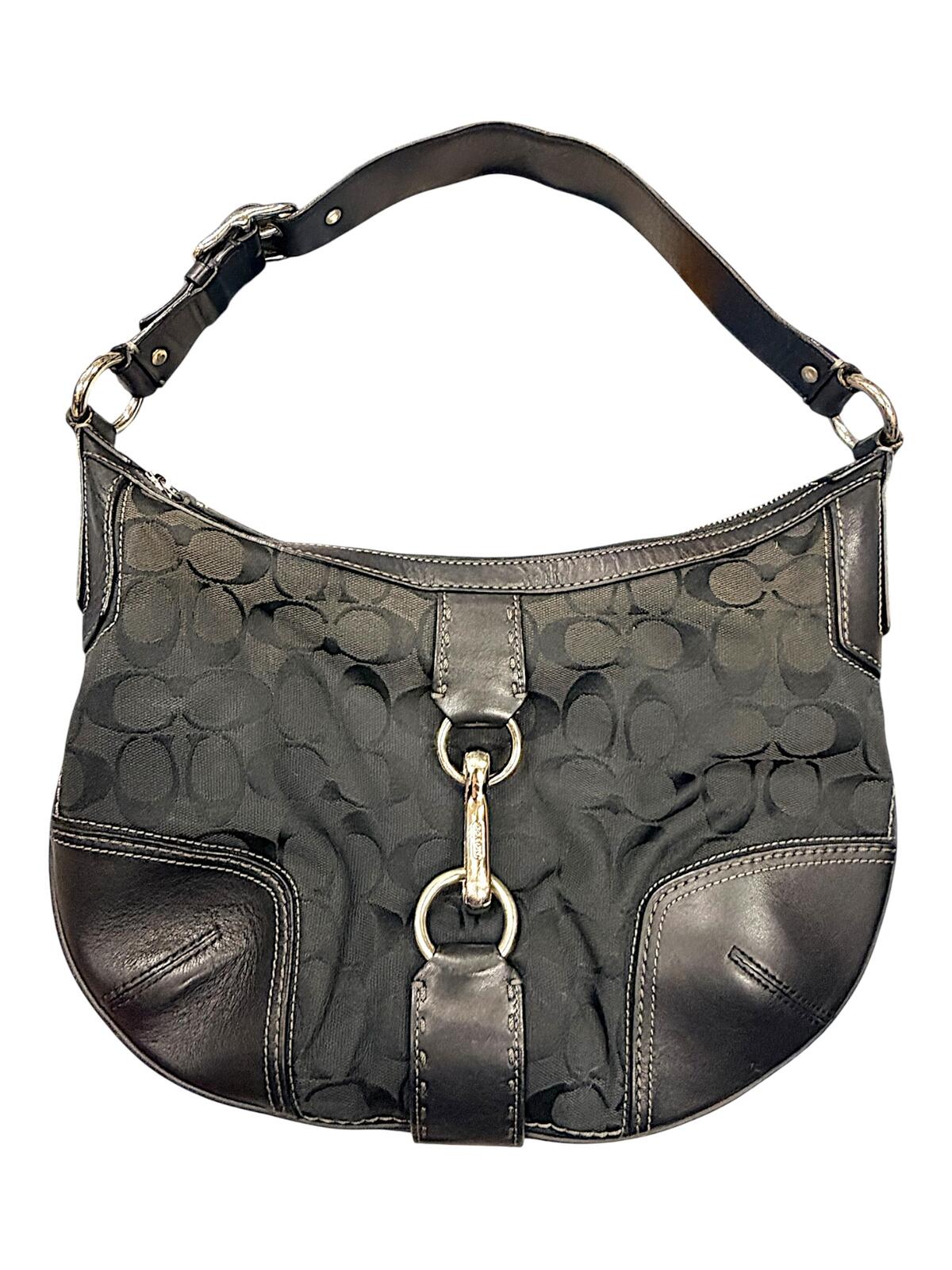 Coach Hamptons Signature Hobo Bag Black Jacquard Canvas Leather Shoulder Purse