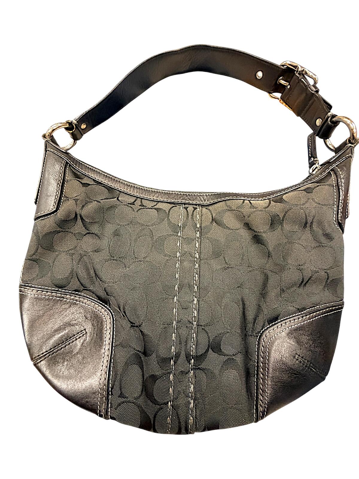 Coach Hamptons Signature Hobo Bag Black Jacquard Canvas Leather Shoulder Purse