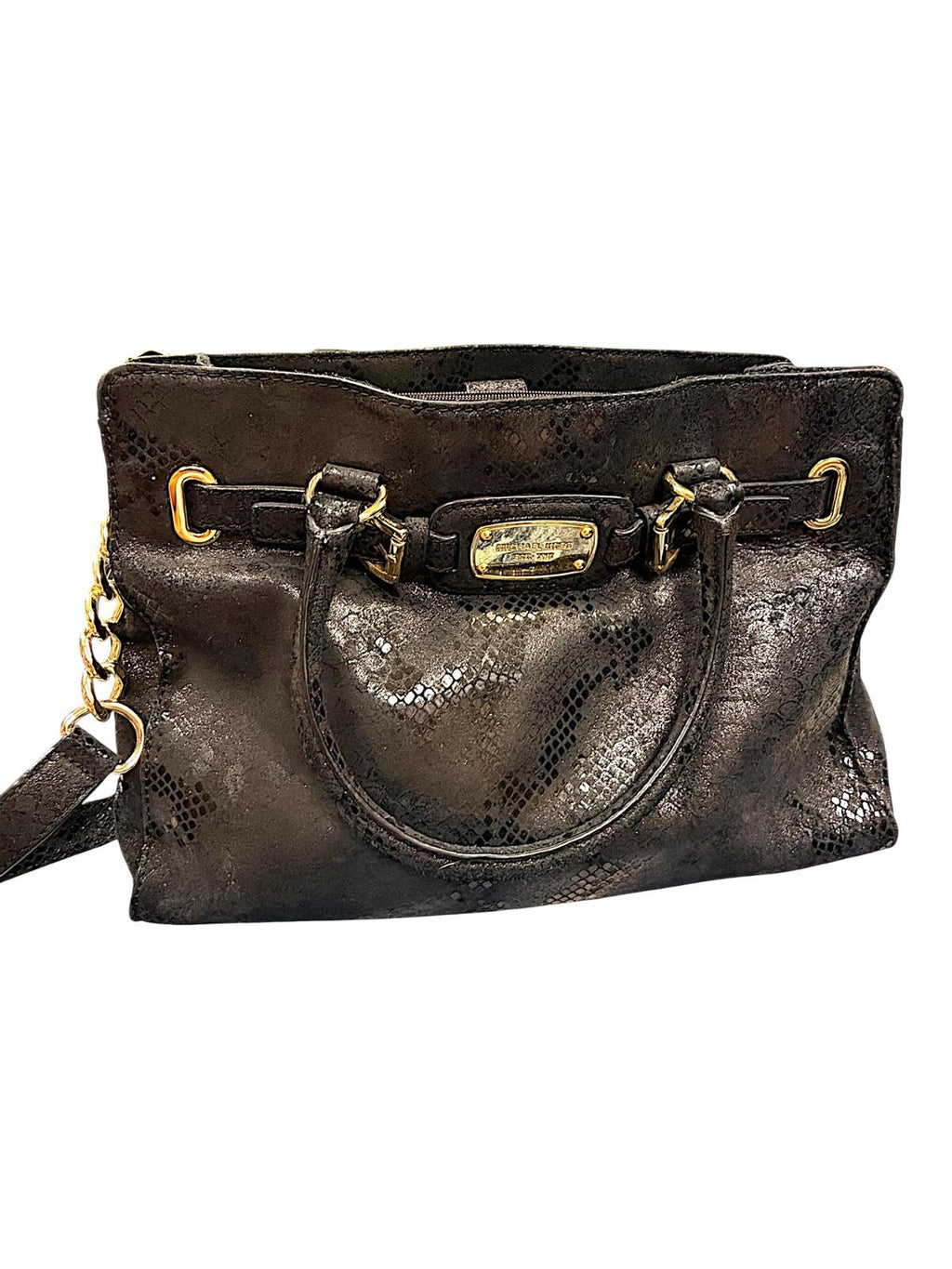 Michael Kors Hamilton Black Python Embossed Leather Satchel Shoulder Bag Gold