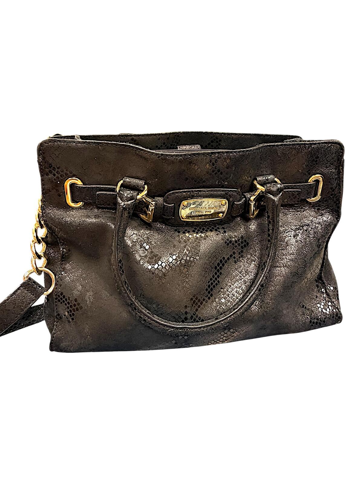 Michael Kors Hamilton Black Python Embossed Leather Satchel Shoulder Bag Gold