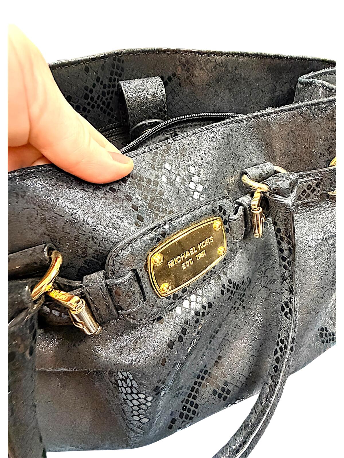 Michael Kors Hamilton Black Python Embossed Leather Satchel Shoulder Bag Gold
