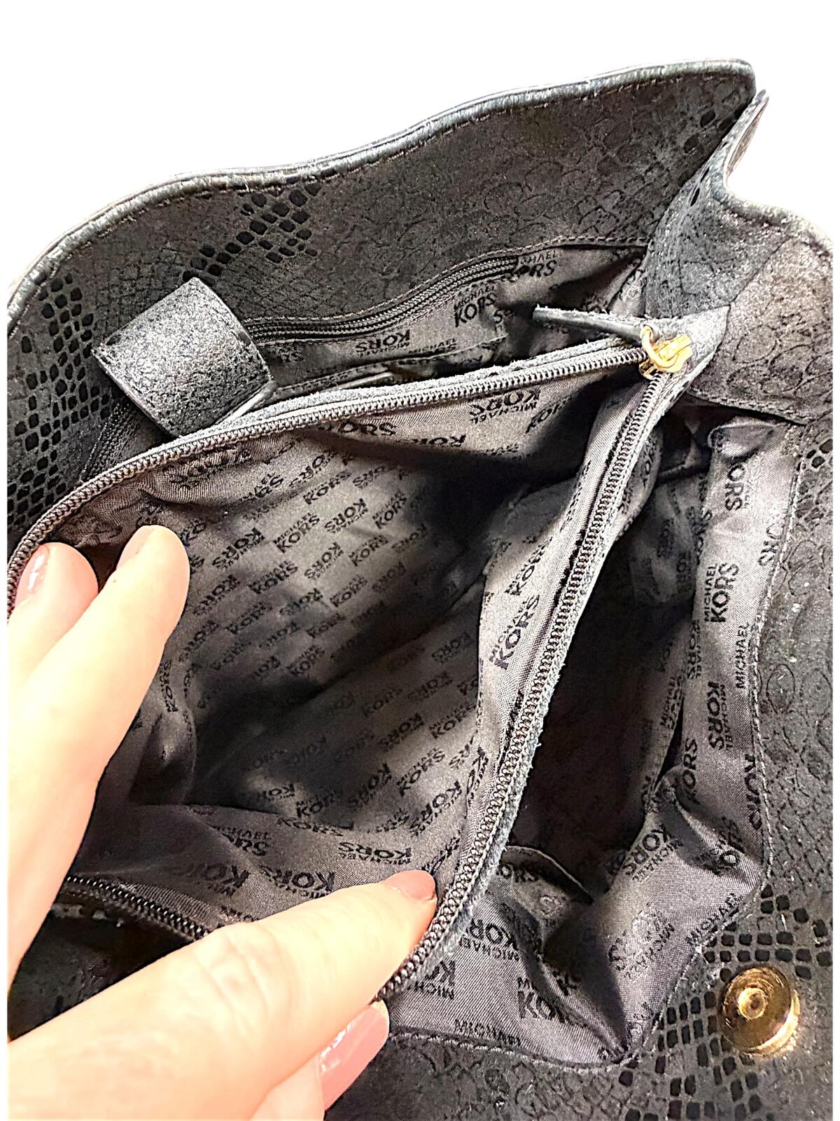 Michael Kors Hamilton Black Python Embossed Leather Satchel Shoulder Bag Gold