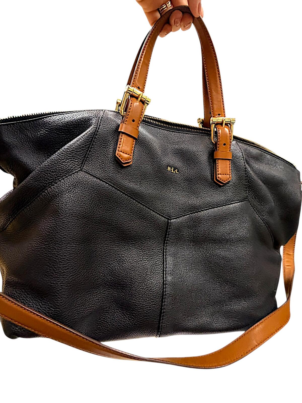 Lauren Ralph Lauren Black Leather Tote Bag with Tan Handles and Strap