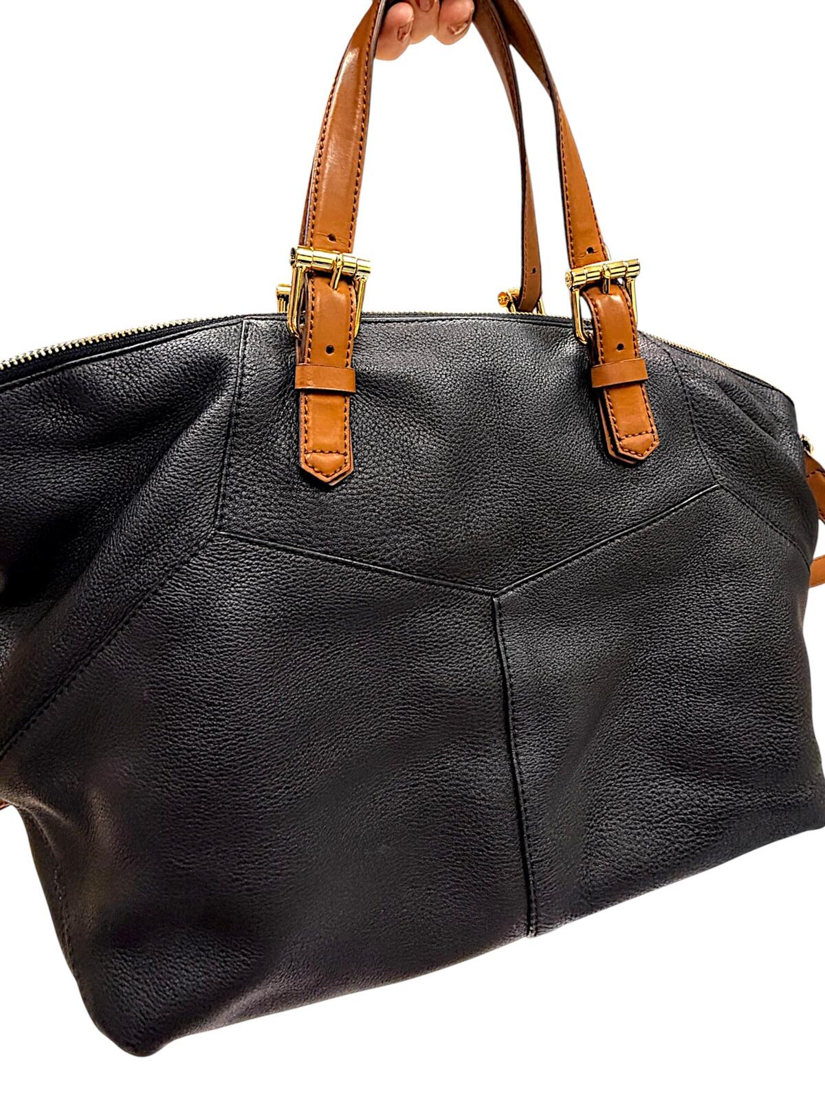 Lauren Ralph Lauren Black Leather Tote Bag with Tan Handles and Strap