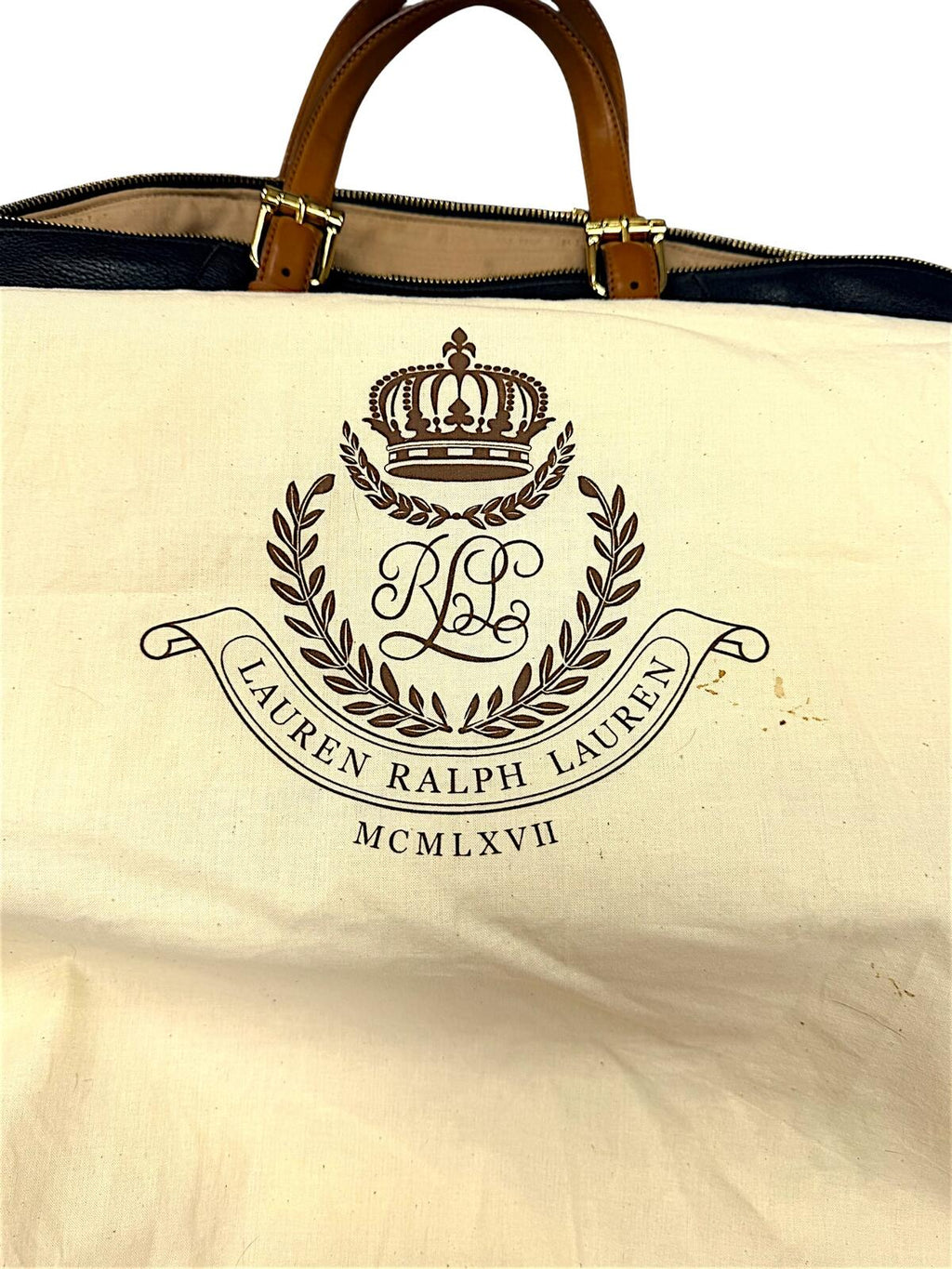 Lauren Ralph Lauren Black Leather Tote Bag with Tan Handles and Strap