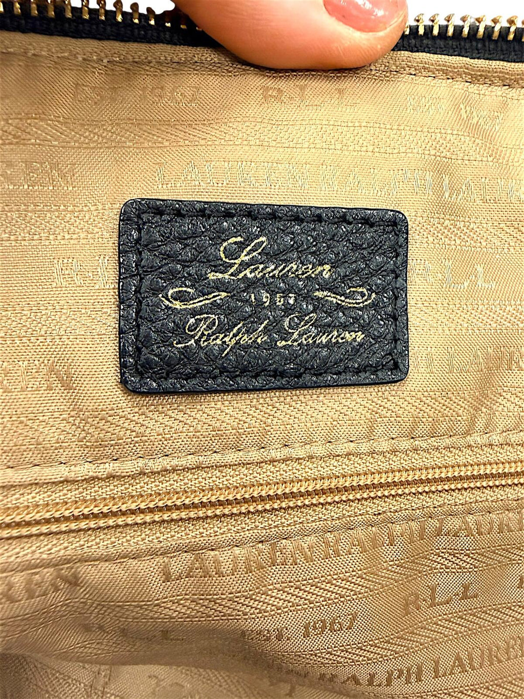 Lauren Ralph Lauren Black Leather Tote Bag with Tan Handles and Strap