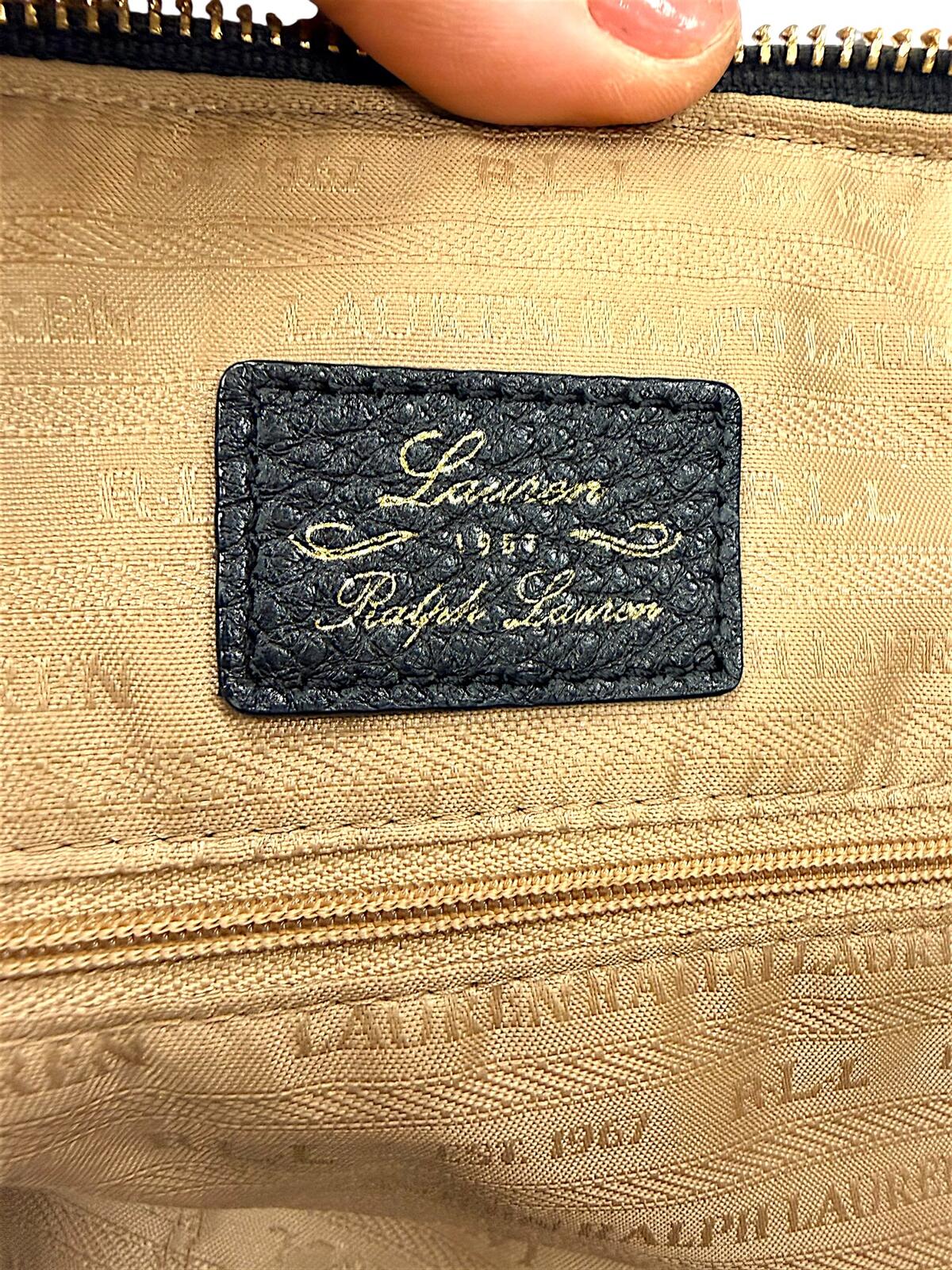 Lauren Ralph Lauren Black Leather Tote Bag with Tan Handles and Strap
