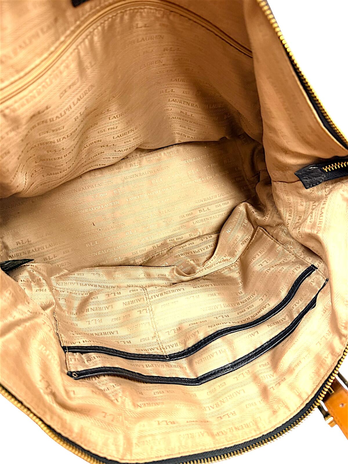 Lauren Ralph Lauren Black Leather Tote Bag with Tan Handles and Strap