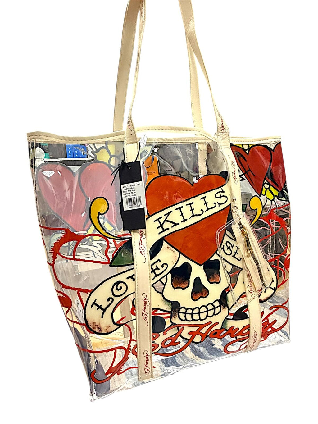 Ed Hardy Clear Tote Bag with Graphic Print and Logo Straps NWT