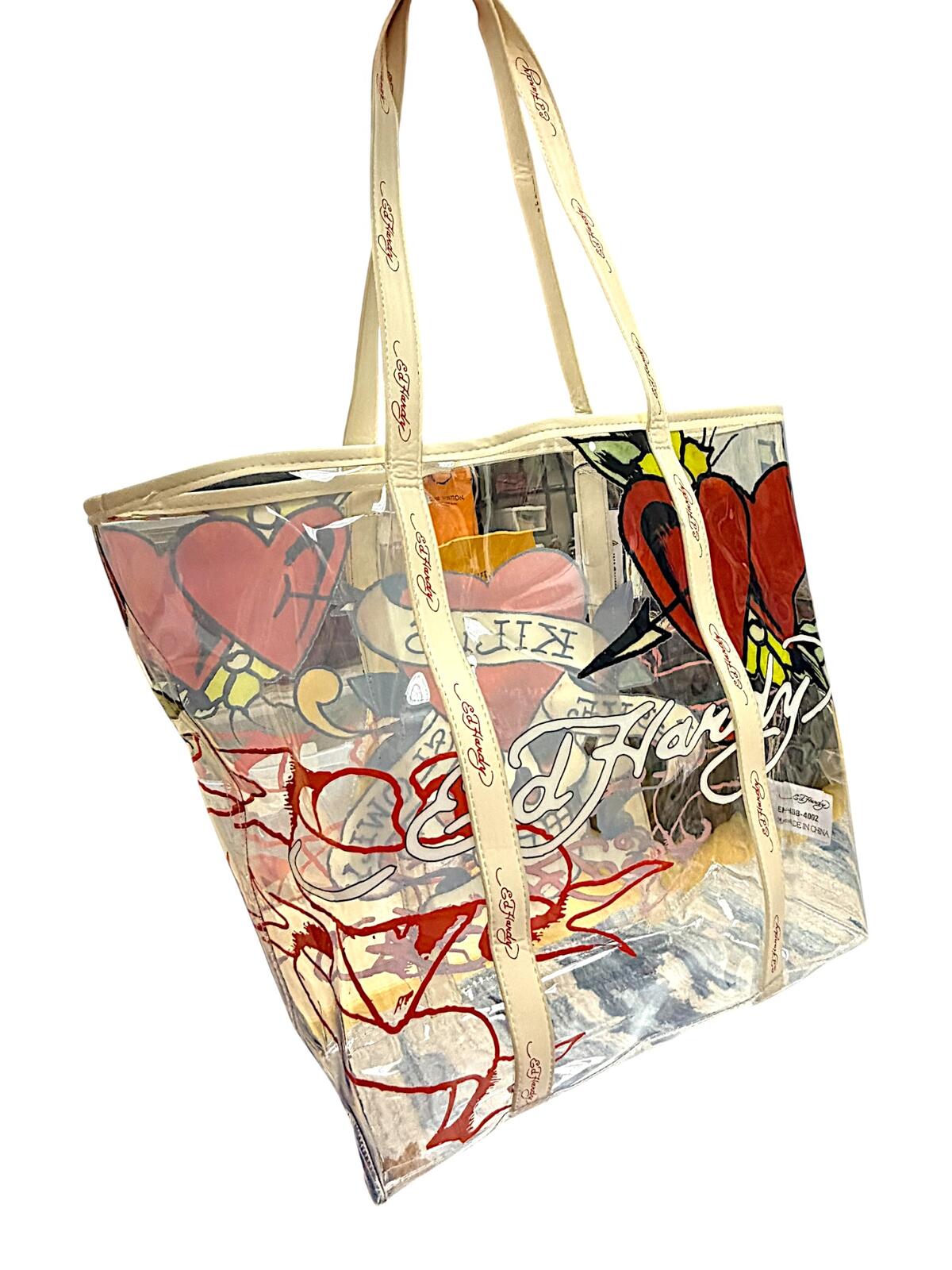 Ed Hardy Clear Tote Bag with Graphic Print and Logo Straps NWT