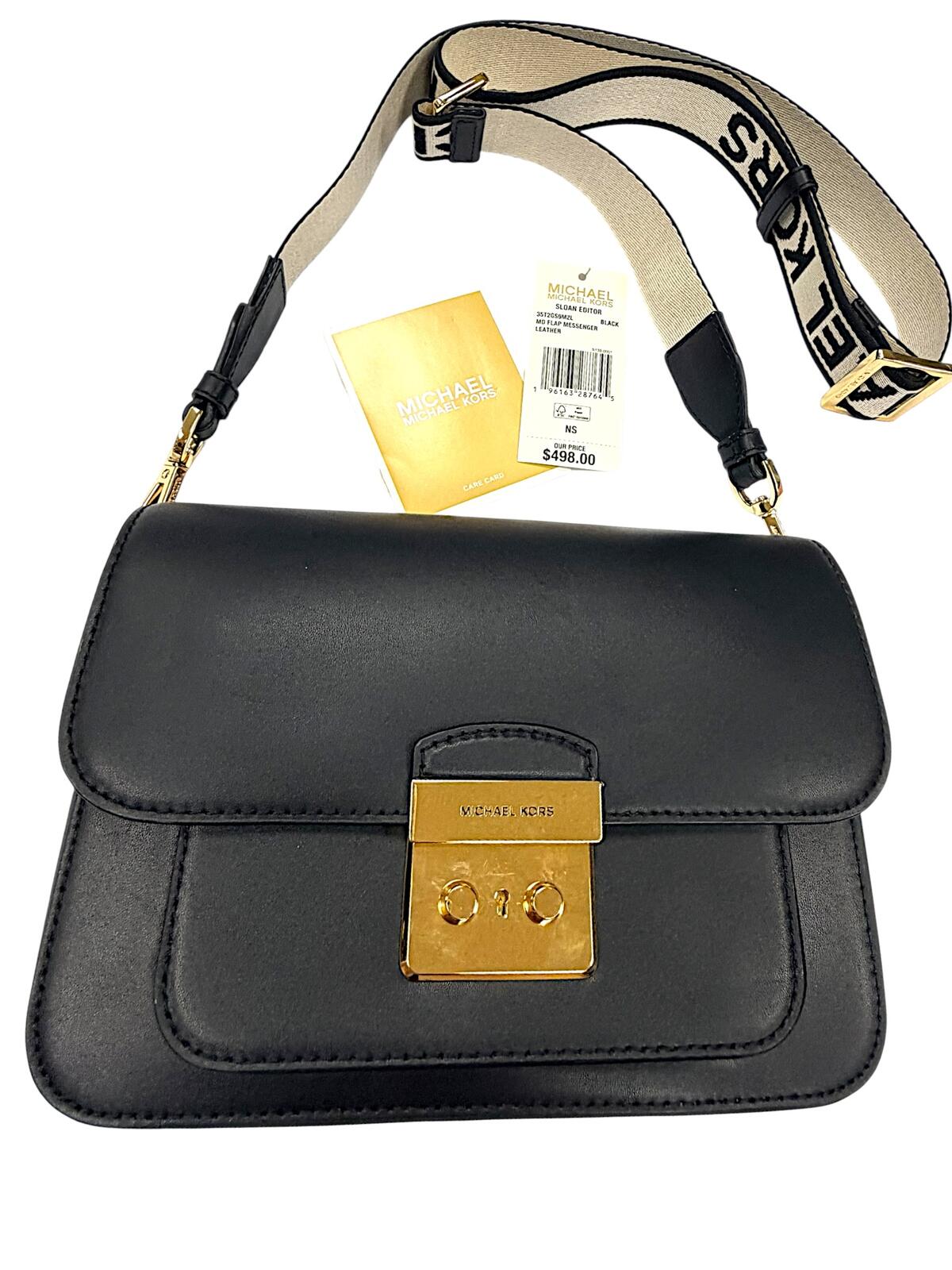 Michael Kors Sloan Editor Black Leather Medium Flap Messenger Crossbody Bag