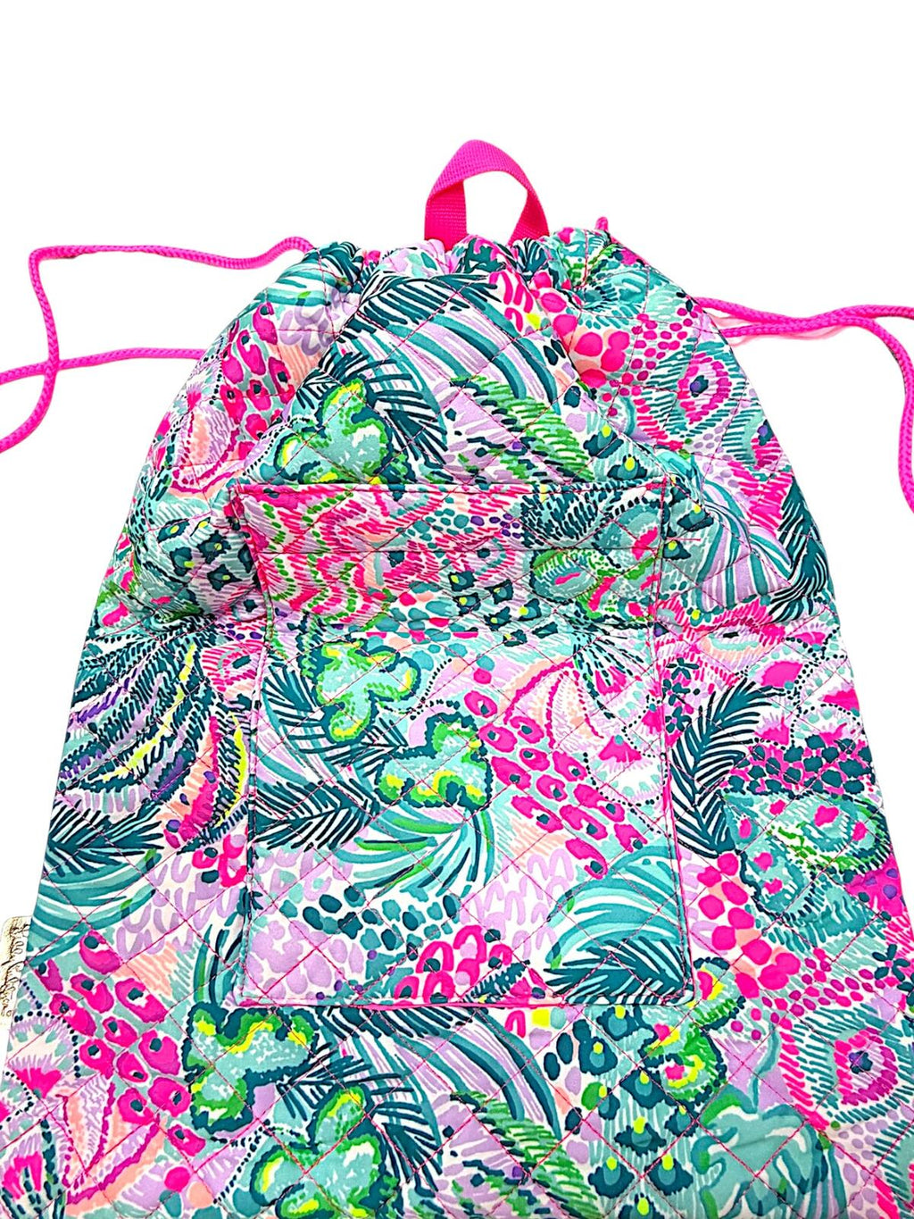 Lilly Pulitzer Quilted Floral Drawstring Backpack in Pink, Teal, and Green