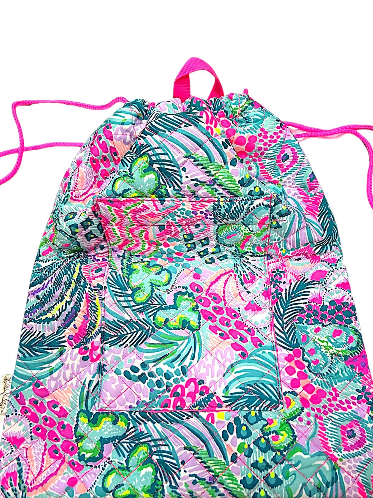 Lilly Pulitzer Quilted Floral Drawstring Backpack in Pink, Teal, and Green