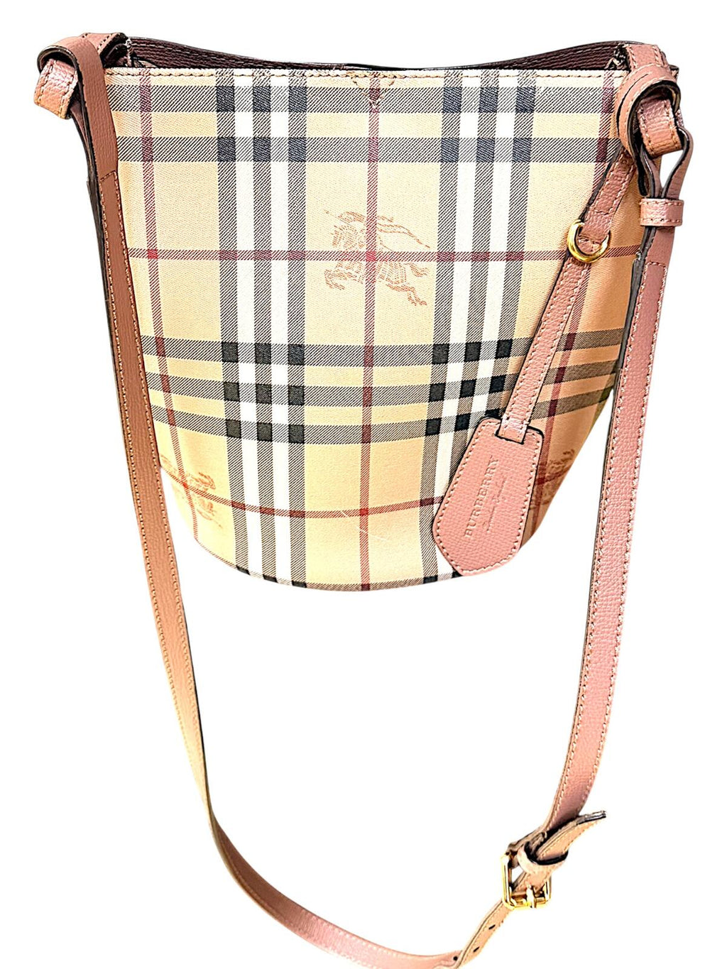 Burberry Haymarket Check Lorne Bucket Bag Pink Leather Trim Nova Check Crossbody