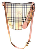 Burberry Haymarket Check Lorne Bucket Bag Pink Leather Trim Nova Check Crossbody