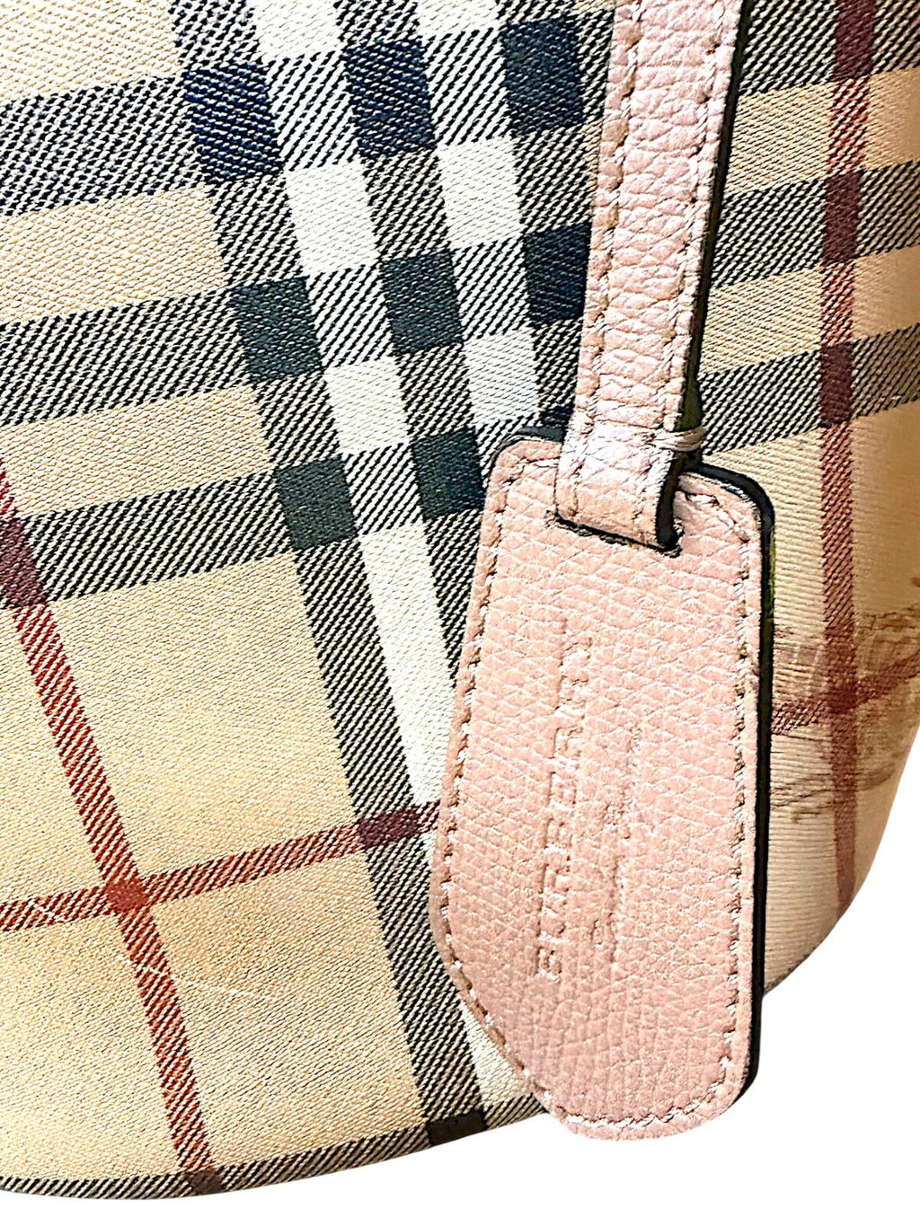 Burberry Haymarket Check Lorne Bucket Bag Pink Leather Trim Nova Check Crossbody