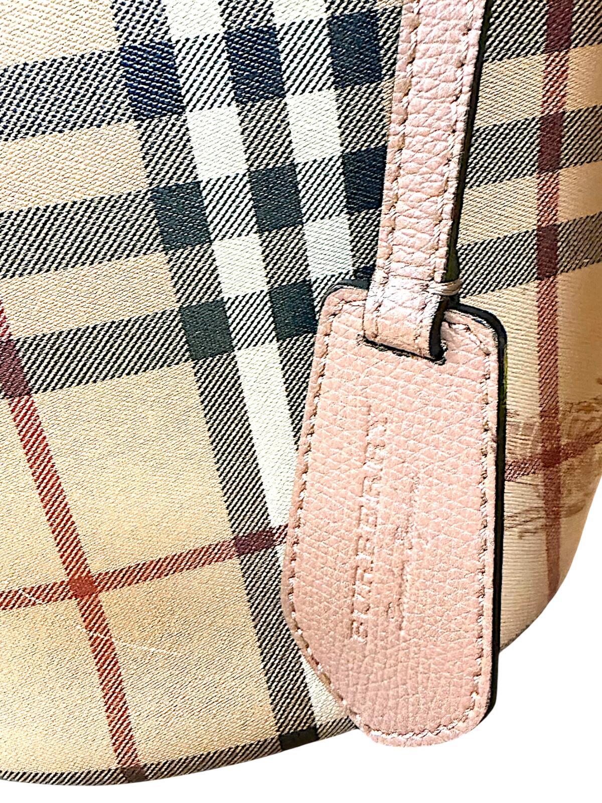 Burberry Haymarket Check Lorne Bucket Bag Pink Leather Trim Nova Check Crossbody