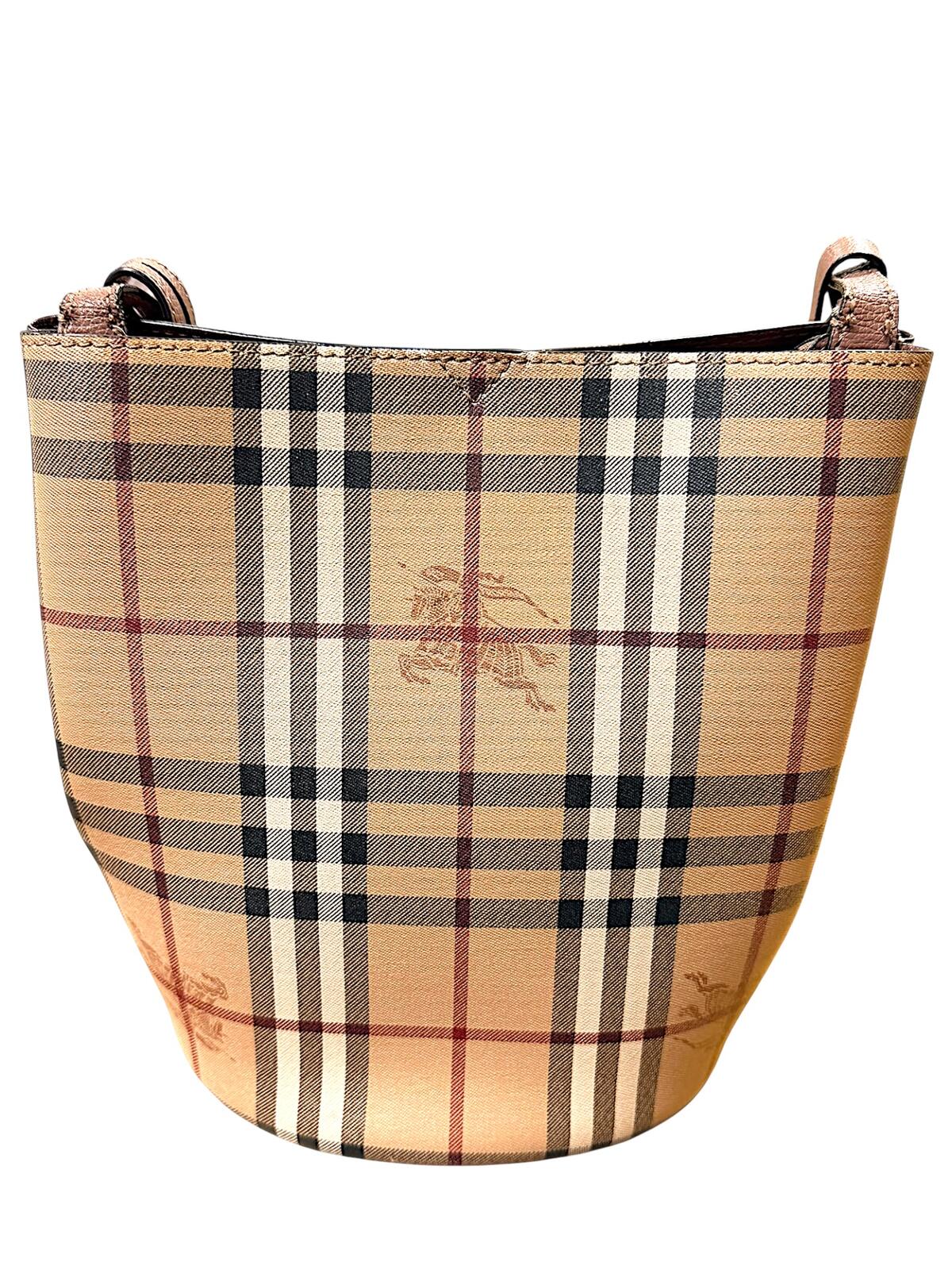 Burberry Haymarket Check Lorne Bucket Bag Pink Leather Trim Nova Check Crossbody