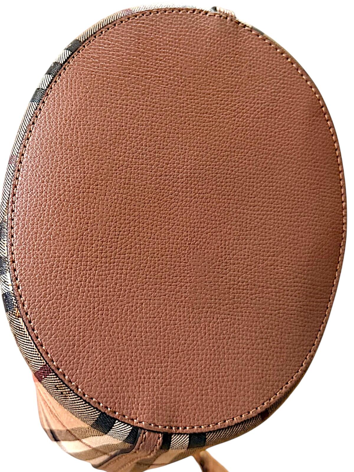 Burberry Haymarket Check Lorne Bucket Bag Pink Leather Trim Nova Check Crossbody