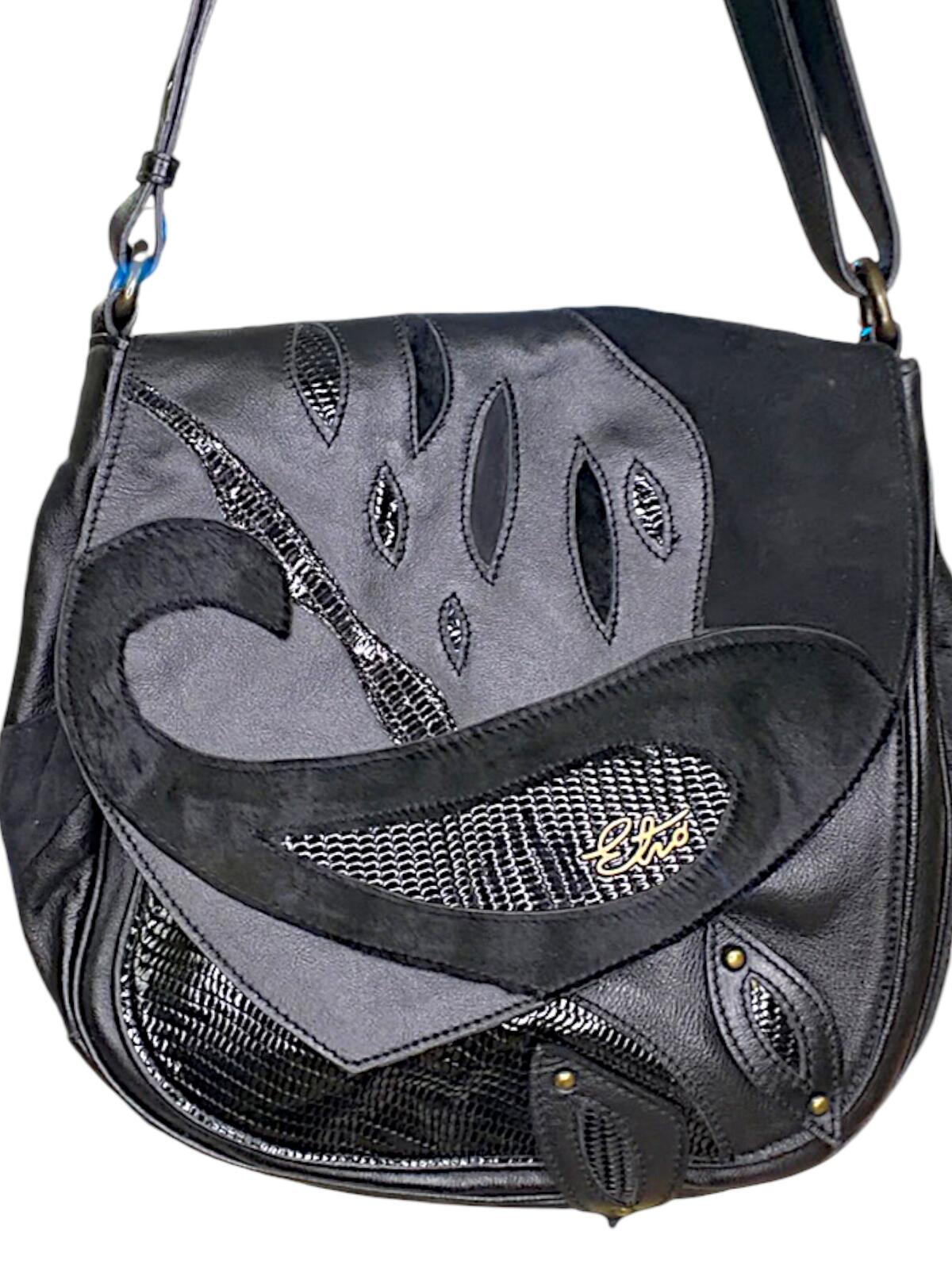 Etro Black Leather Shoulder Bag with Purple Paisley Lining
