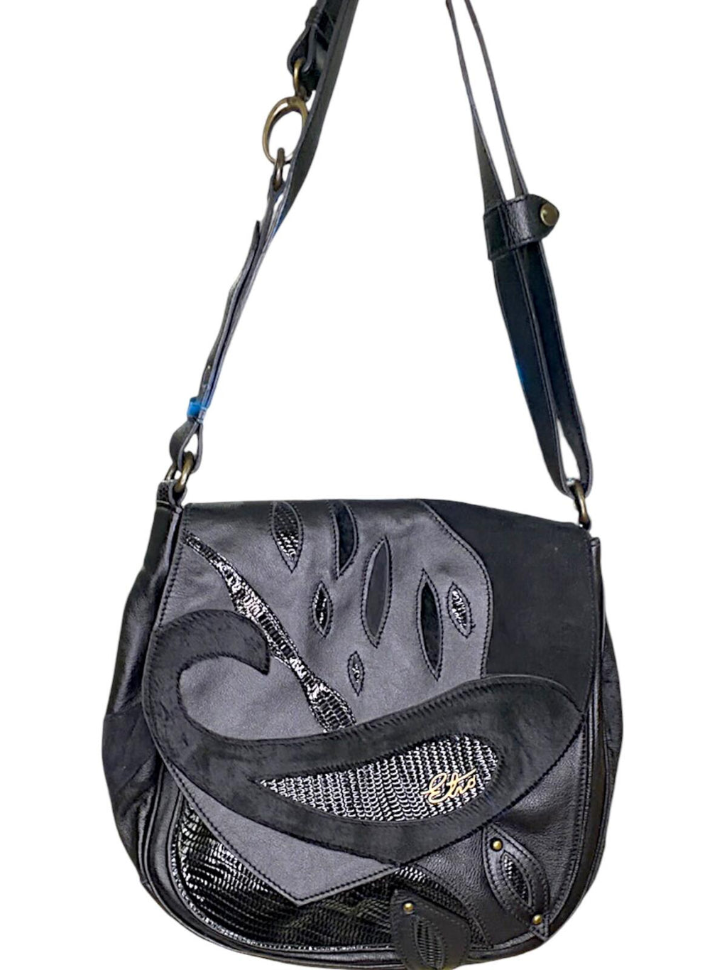Etro Black Leather Shoulder Bag with Purple Paisley Lining