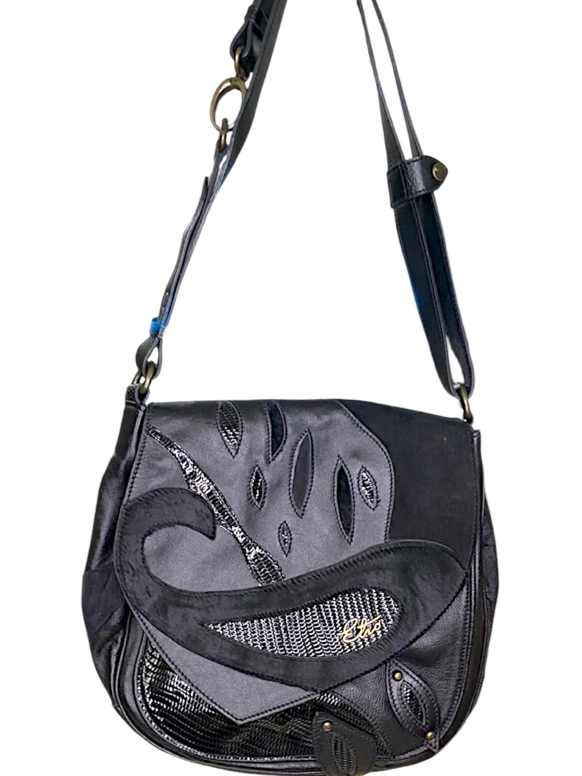 Etro Black Leather Shoulder Bag with Purple Paisley Lining