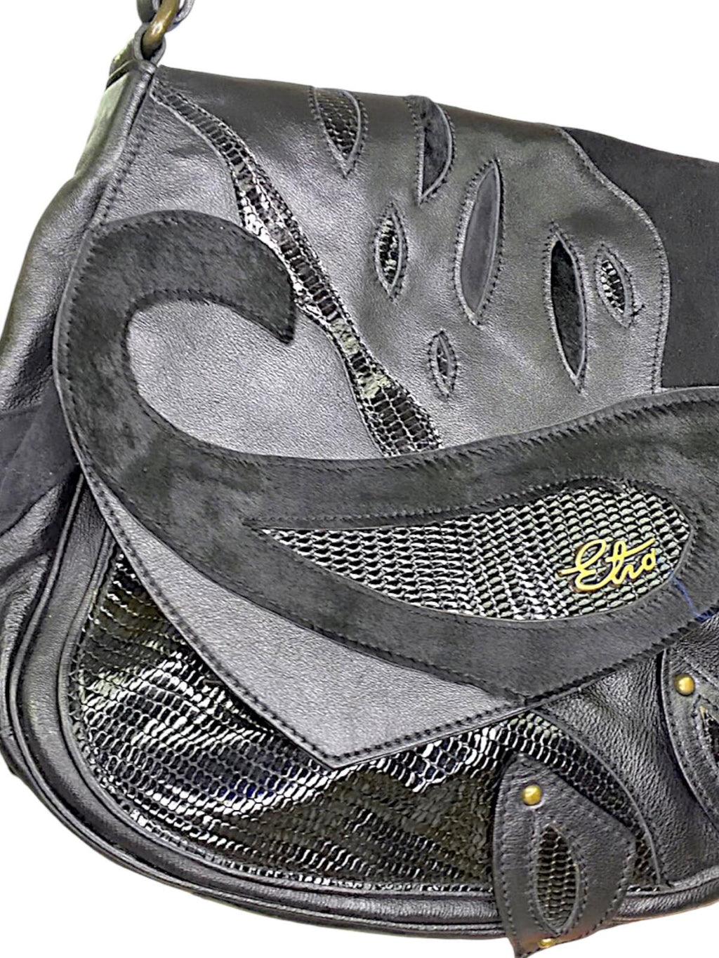Etro Black Leather Shoulder Bag with Purple Paisley Lining