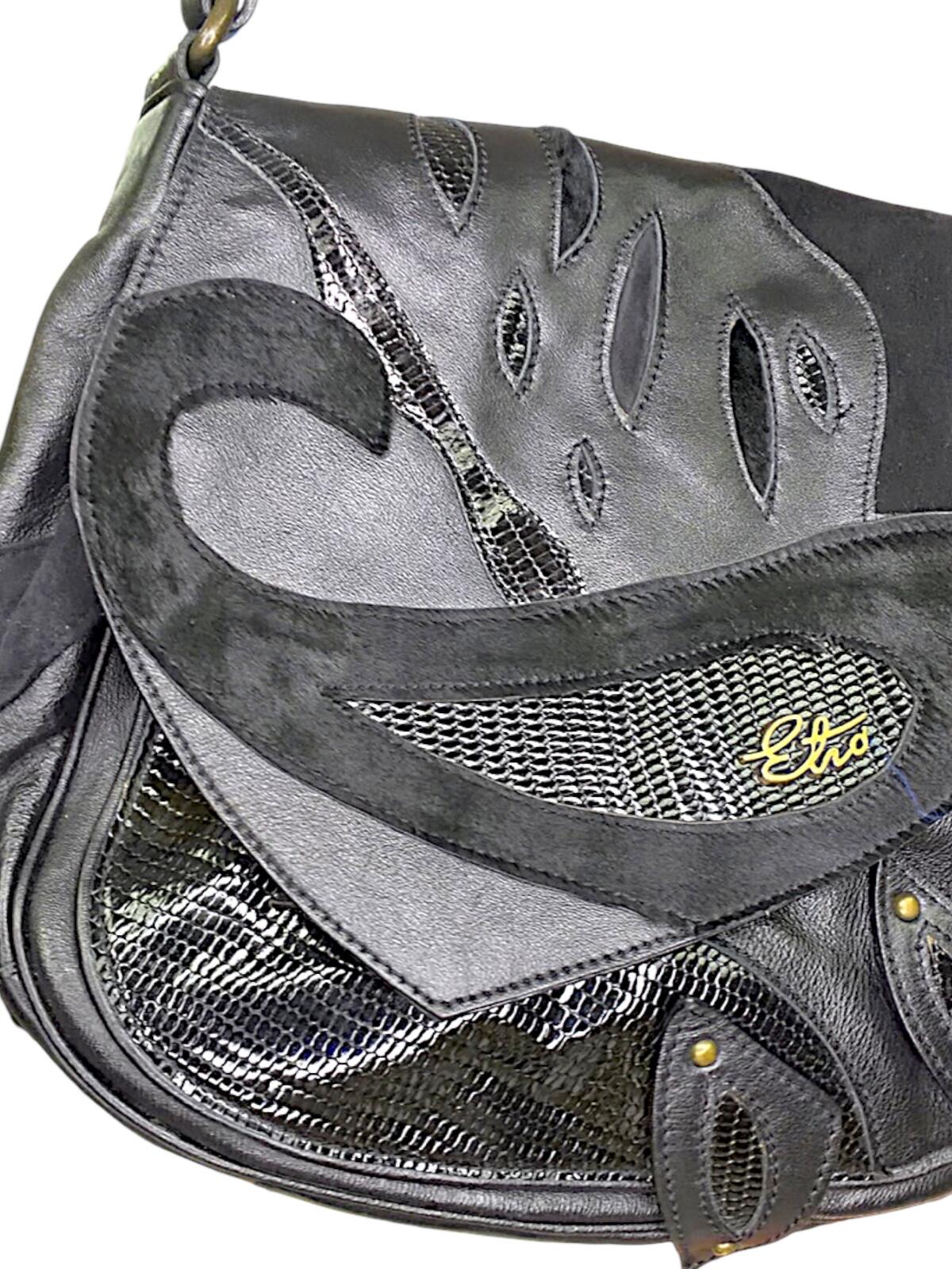 Etro Black Leather Shoulder Bag with Purple Paisley Lining