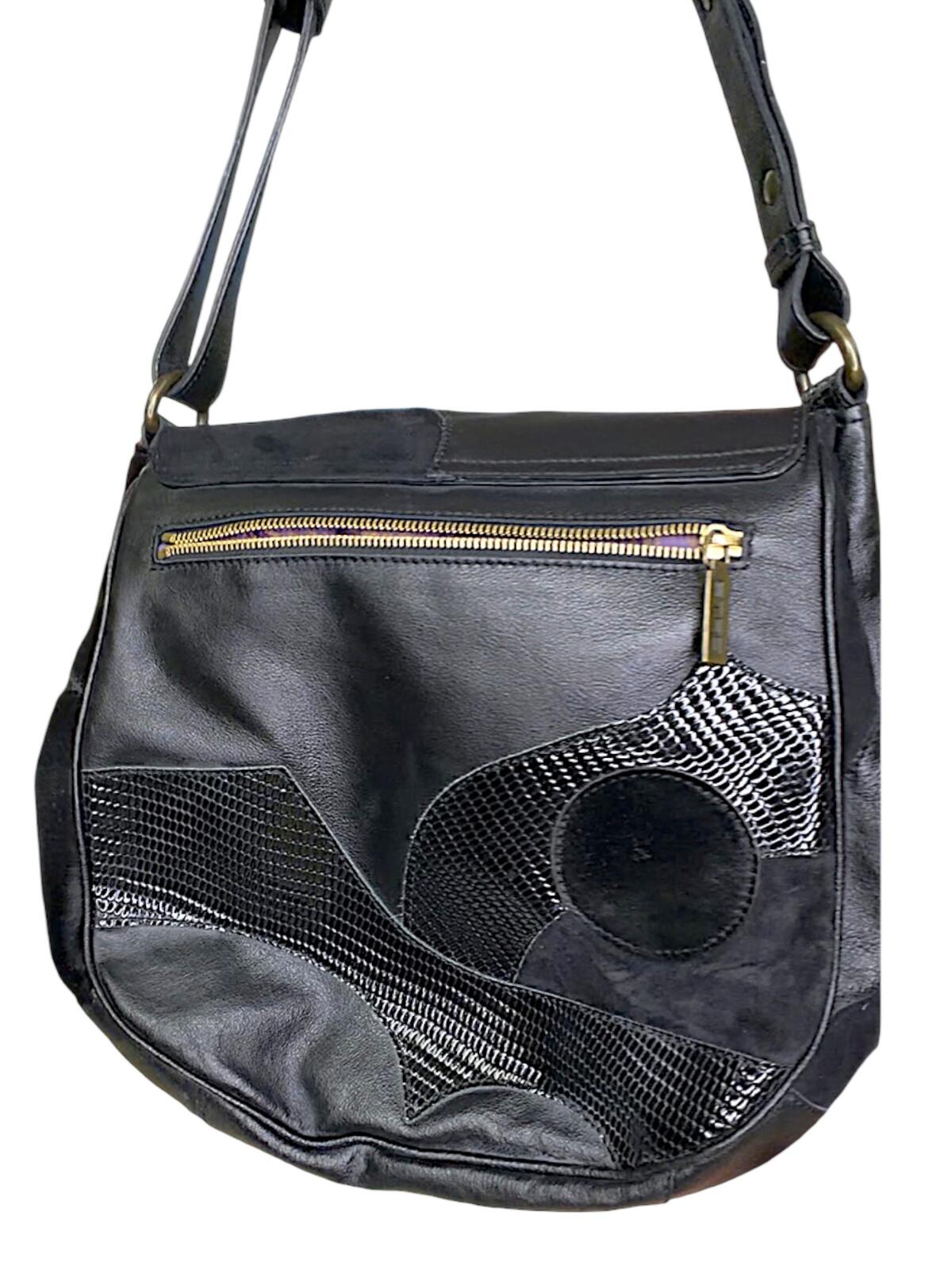 Etro Black Leather Shoulder Bag with Purple Paisley Lining