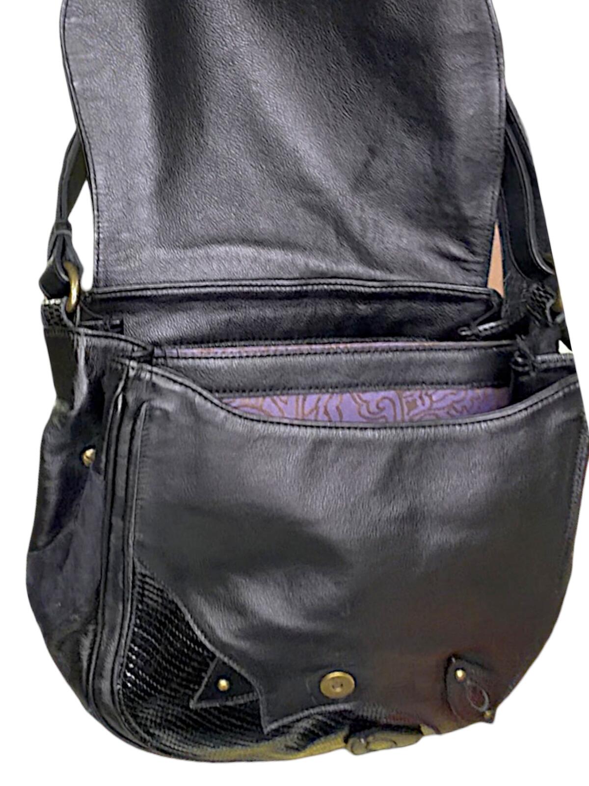 Etro Black Leather Shoulder Bag with Purple Paisley Lining