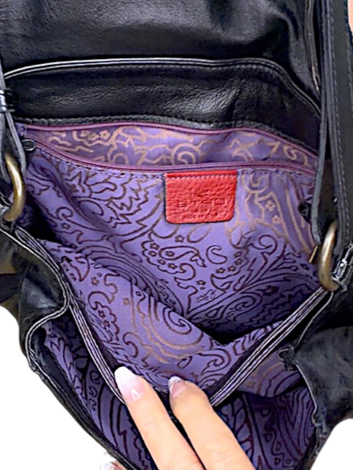 Etro Black Leather Shoulder Bag with Purple Paisley Lining