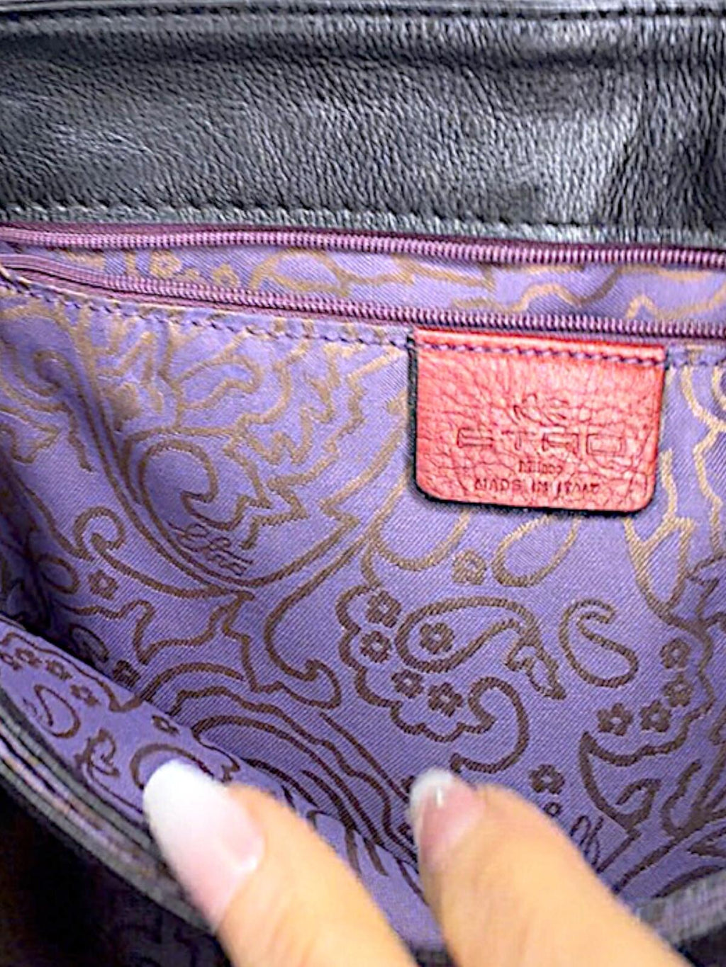 Etro Black Leather Shoulder Bag with Purple Paisley Lining