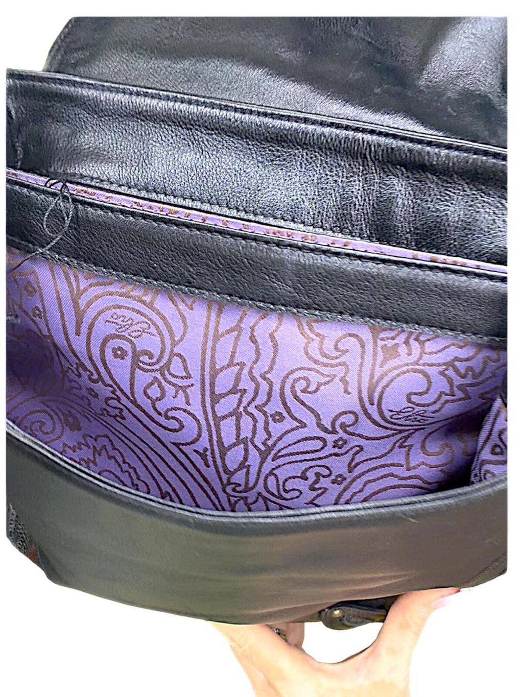 Etro Black Leather Shoulder Bag with Purple Paisley Lining