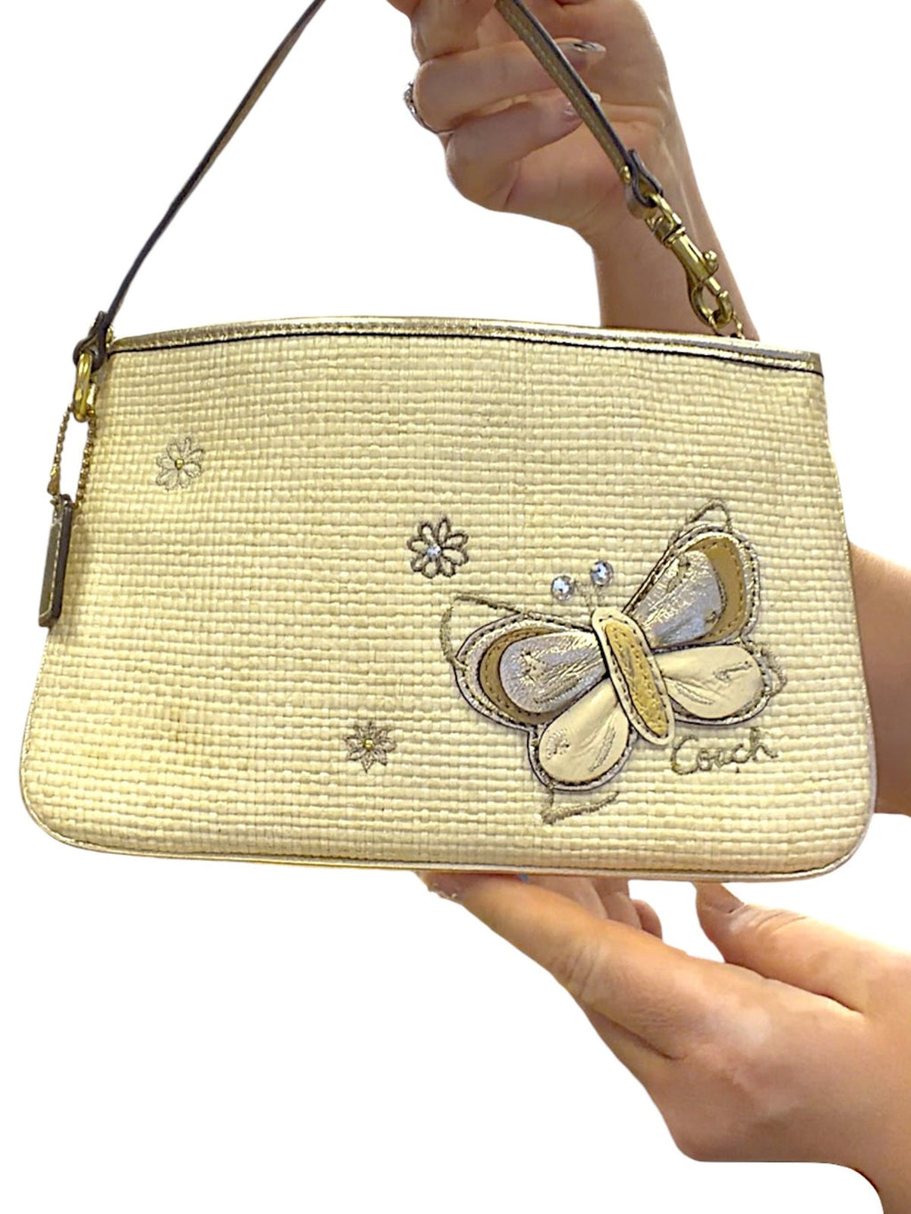 Coach Butterfly Appliqué Straw Tote Shoulder Bag and Wristlet Gold & Cream