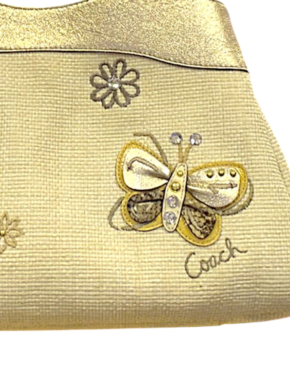 Coach Butterfly Appliqué Straw Tote Shoulder Bag and Wristlet Gold & Cream