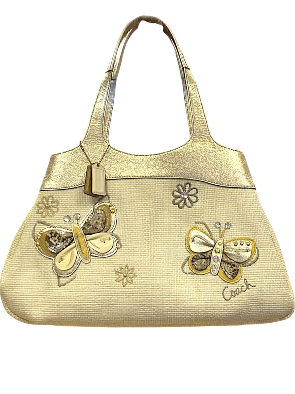 Coach Butterfly Appliqué Straw Tote Shoulder Bag and Wristlet Gold & Cream