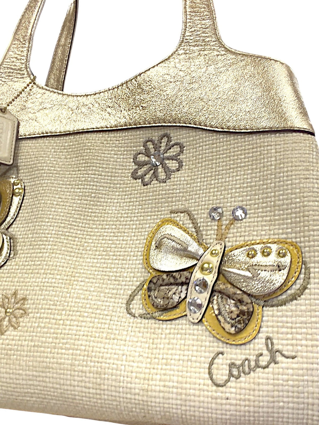 Coach Butterfly Appliqué Straw Tote Shoulder Bag and Wristlet Gold & Cream