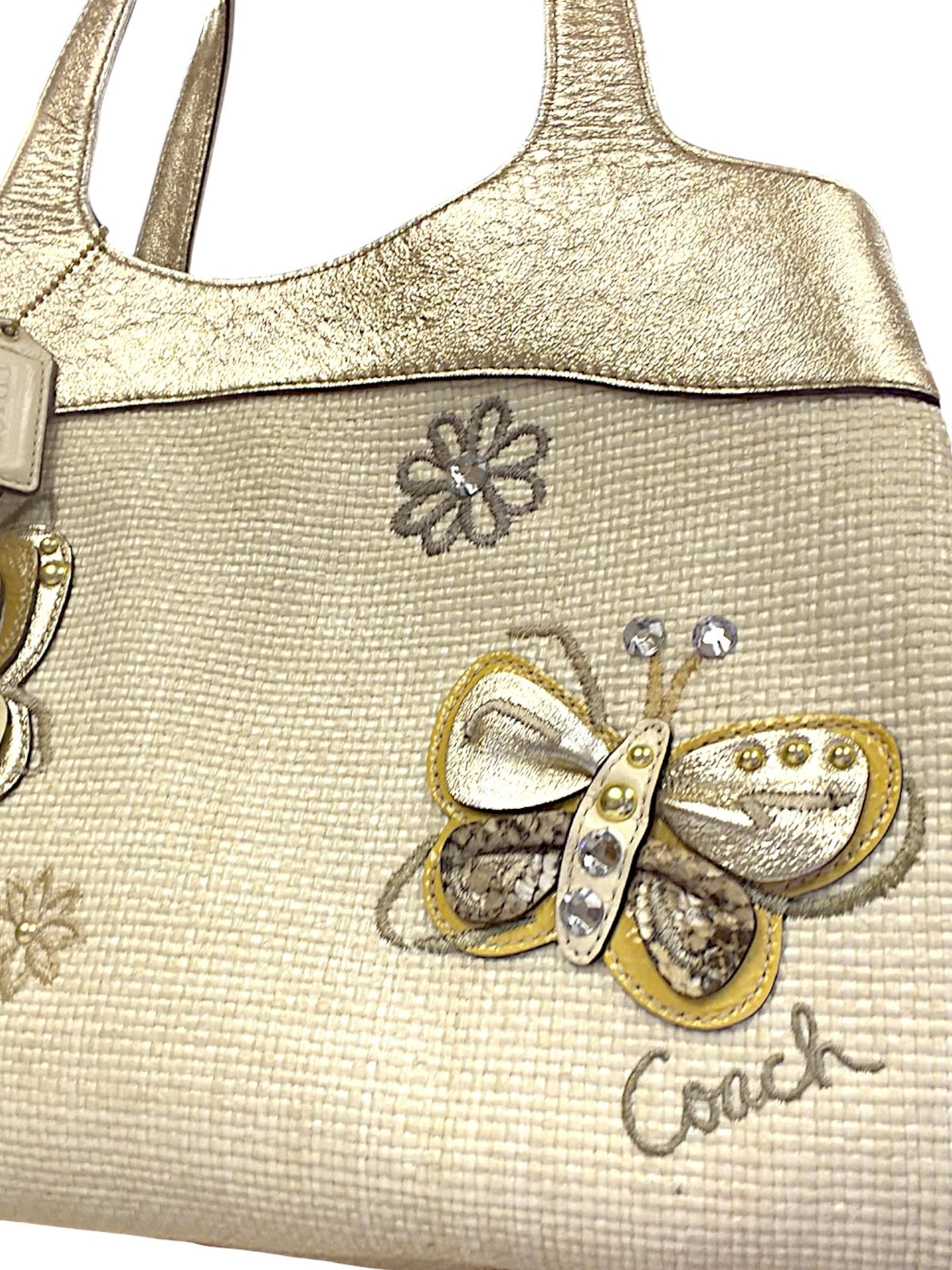Coach Butterfly Appliqué Straw Tote Shoulder Bag and Wristlet Gold & Cream