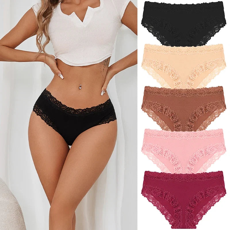 5PCS/Set Women Cotton Panties Sexy Lace Low Waist Briefs Stretch Comfortable Ladies Underwear Soft Breathable Intimate Lingerie
